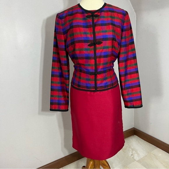 Vintage Talbots red silk midi dress and colorful plaid collarless blazer jacket - Picture 12 of 13